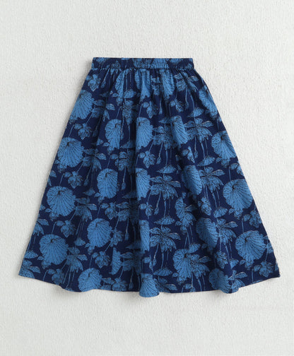The Magic Wand Cotton Woven Sleeveless Floral Printed Lace Detail Lehenga Choli Set With Dupatta - Navy Blue