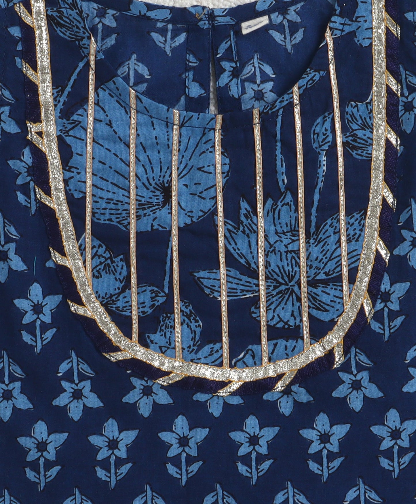 The Magic Wand Cotton Woven Sleeveless Floral Printed Lace Detail Lehenga Choli Set With Dupatta - Navy Blue