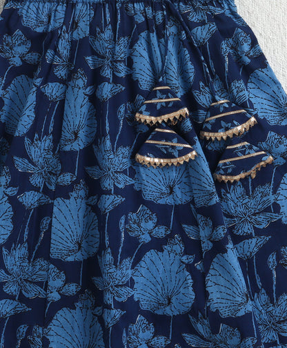The Magic Wand Cotton Woven Sleeveless Floral Printed Lace Detail Lehenga Choli Set With Dupatta - Navy Blue