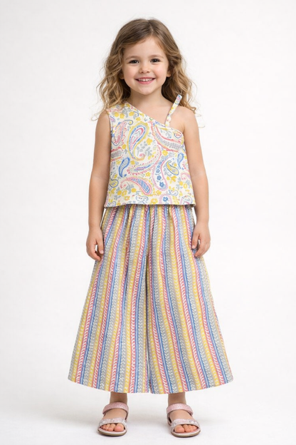 The Magic Wand Cotton Woven One Shoulder Printed Top And Palazzo Set - Multi color