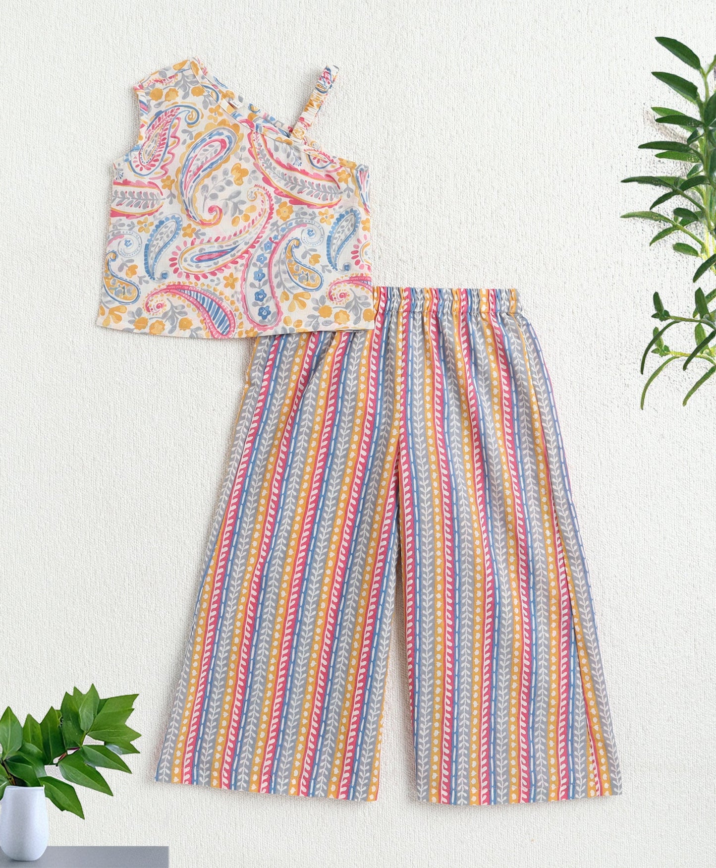 The Magic Wand Cotton Woven One Shoulder Printed Top And Palazzo Set - Multi color