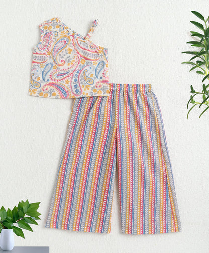 The Magic Wand Cotton Woven One Shoulder Printed Top And Palazzo Set - Multi color