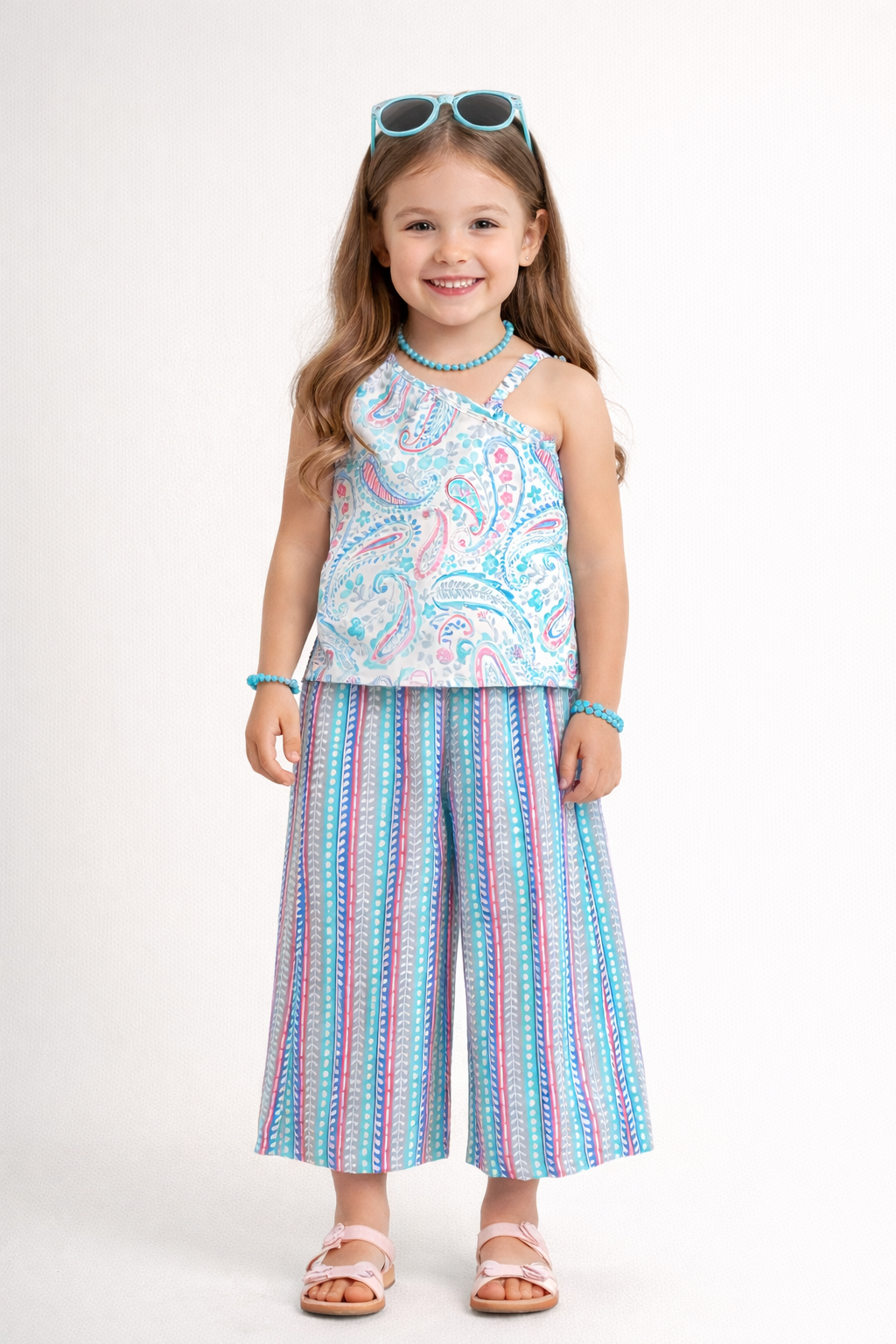 The Magic Wand Cotton Woven One Shoulder Printed Top And Palazzo Set - Blue