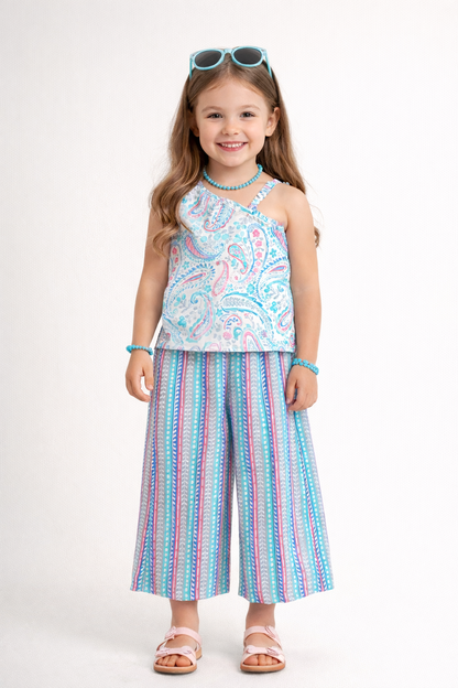 The Magic Wand Cotton Woven One Shoulder Printed Top And Palazzo Set - Blue