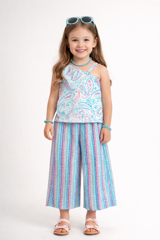 The Magic Wand Cotton Woven One Shoulder Printed Top And Palazzo Set - Blue