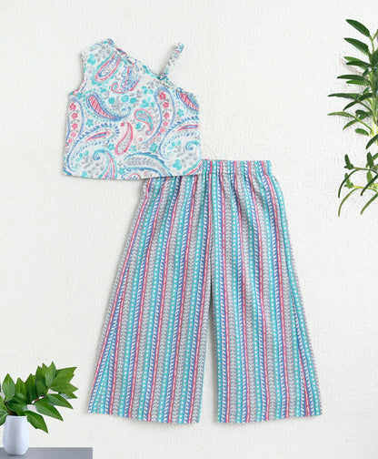 The Magic Wand Cotton Woven One Shoulder Printed Top And Palazzo Set - Blue