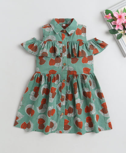 The Magic Wand Cotton Woven Cold Shoulder Leaves Printed Gathered Dress - Green