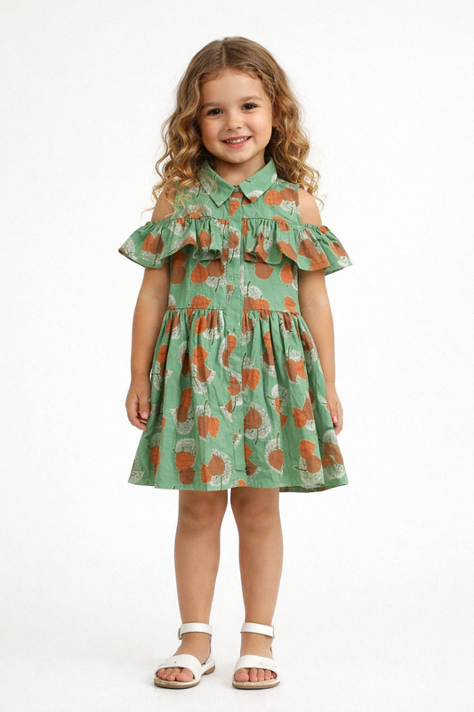 The Magic Wand Cotton Woven Cold Shoulder Leaves Printed Gathered Dress - Green