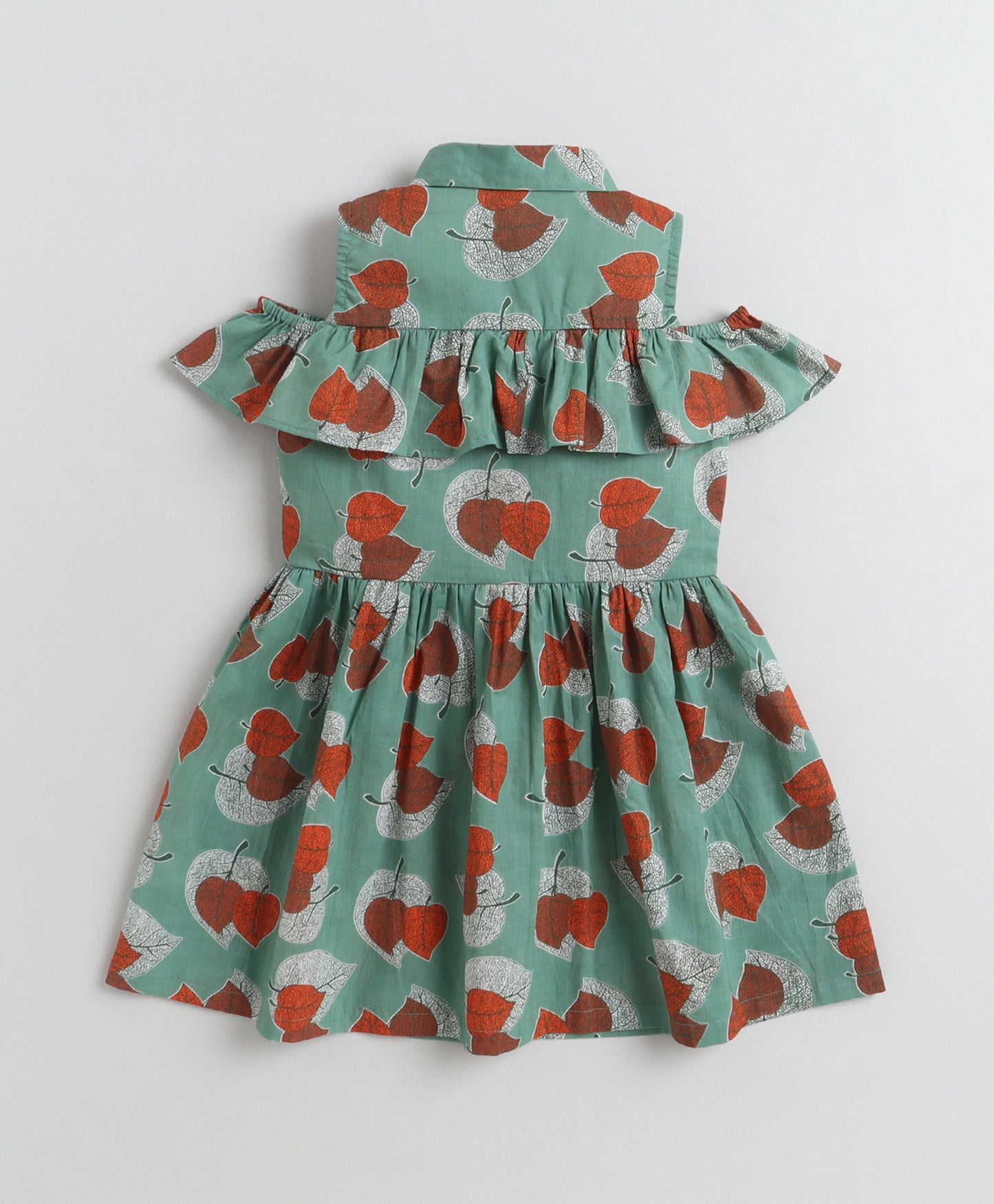 The Magic Wand Cotton Woven Cold Shoulder Leaves Printed Gathered Dress - Green