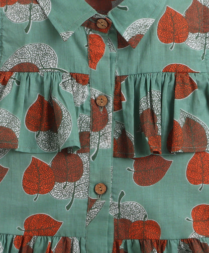 The Magic Wand Cotton Woven Cold Shoulder Leaves Printed Gathered Dress - Green