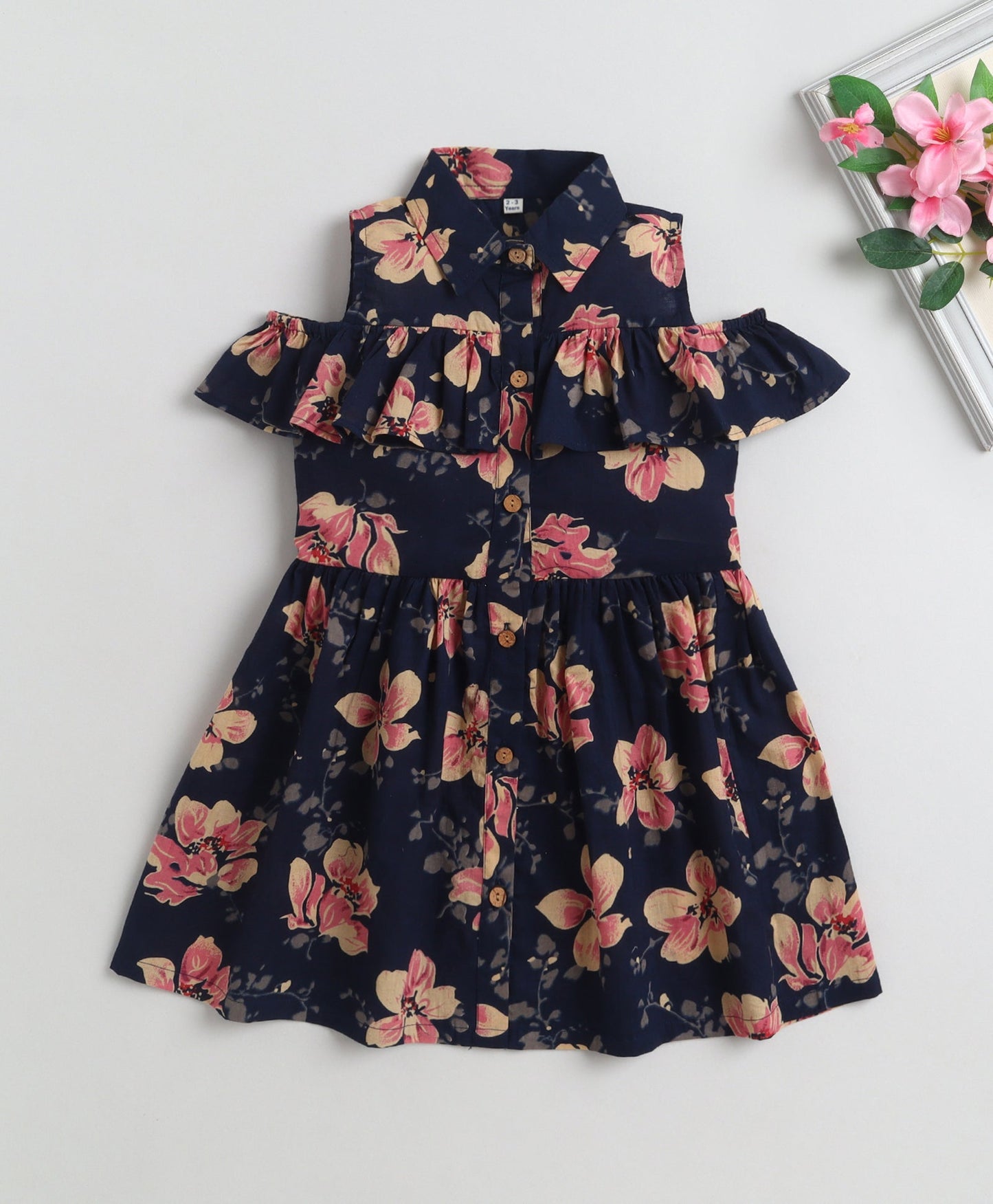 The Magic Wand Cotton Woven Cold Shoulder Floral Printed Gathered Dress - Navy Blue