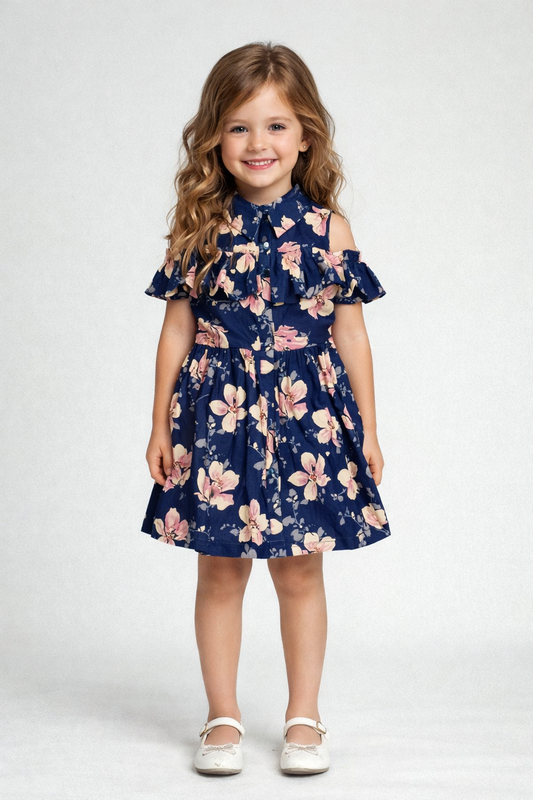 The Magic Wand Cotton Woven Cold Shoulder Floral Printed Gathered Dress - Navy Blue