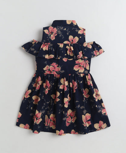 The Magic Wand Cotton Woven Cold Shoulder Floral Printed Gathered Dress - Navy Blue