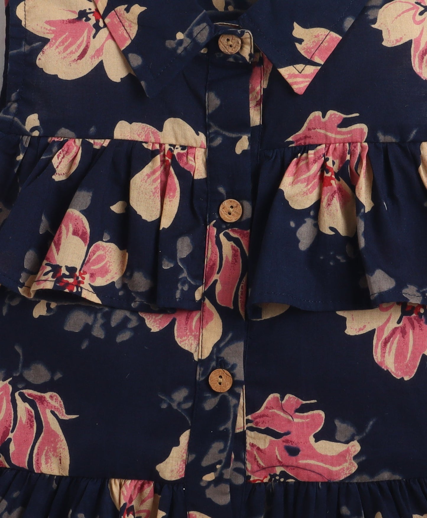 The Magic Wand Cotton Woven Cold Shoulder Floral Printed Gathered Dress - Navy Blue