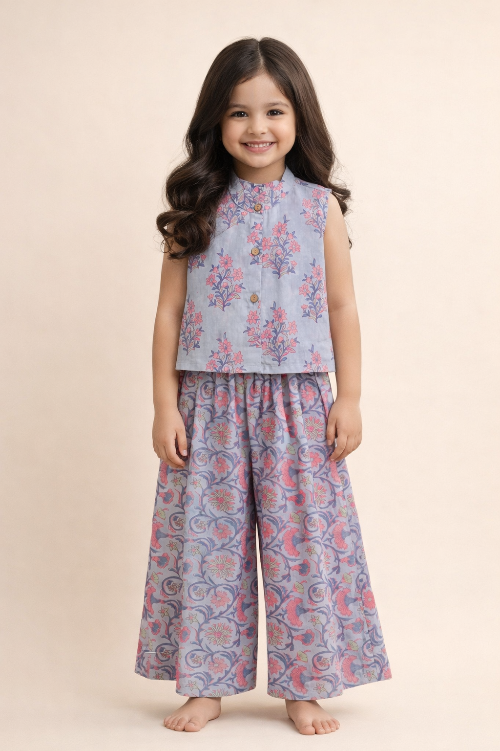 The Magic Wand Cotton Woven Sleeveless Floral Printed Top And Palazzo Set - Blue
