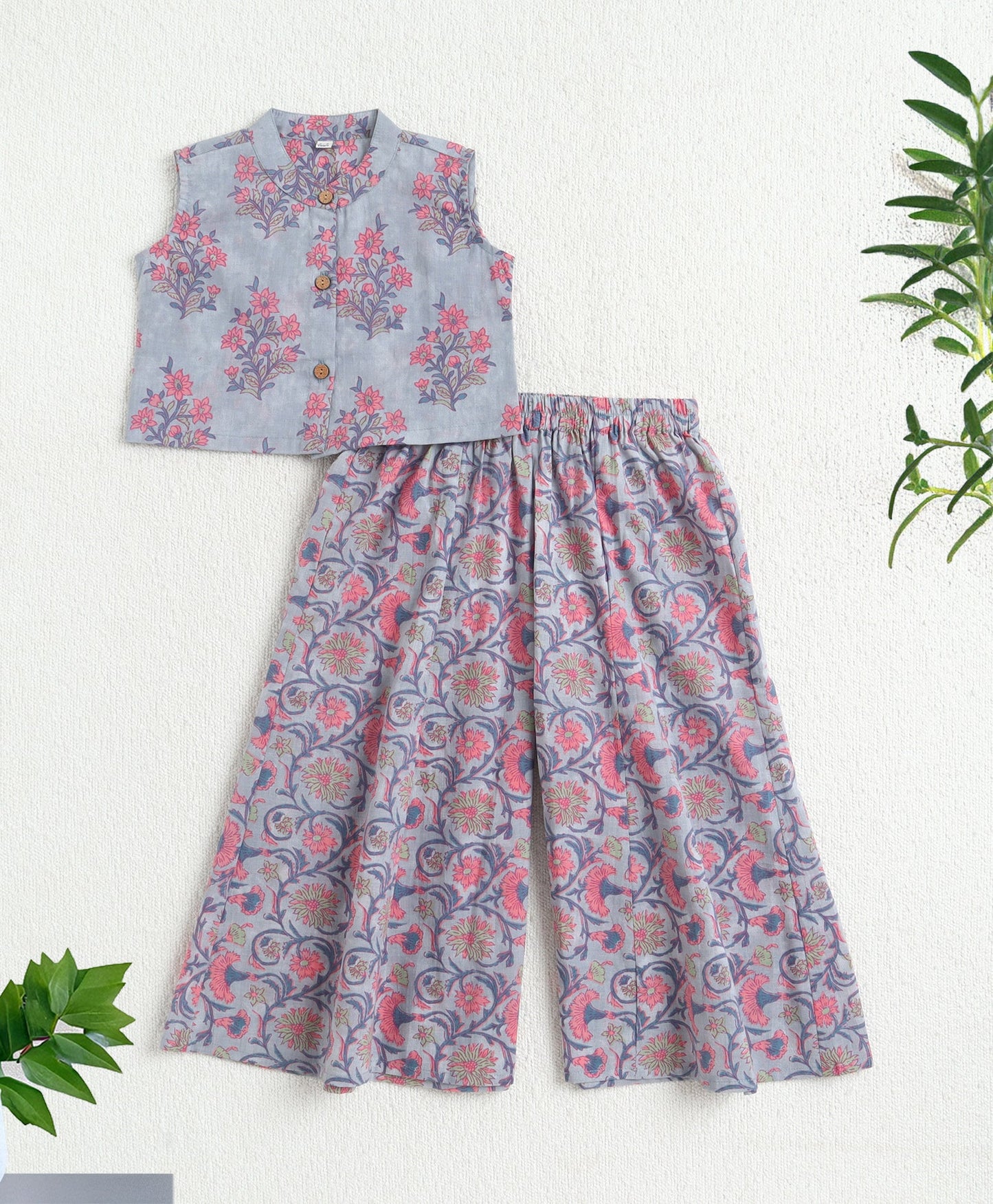 The Magic Wand Cotton Woven Sleeveless Floral Printed Top And Palazzo Set - Blue