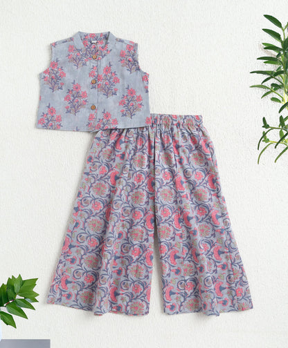 The Magic Wand Cotton Woven Sleeveless Floral Printed Top And Palazzo Set - Blue
