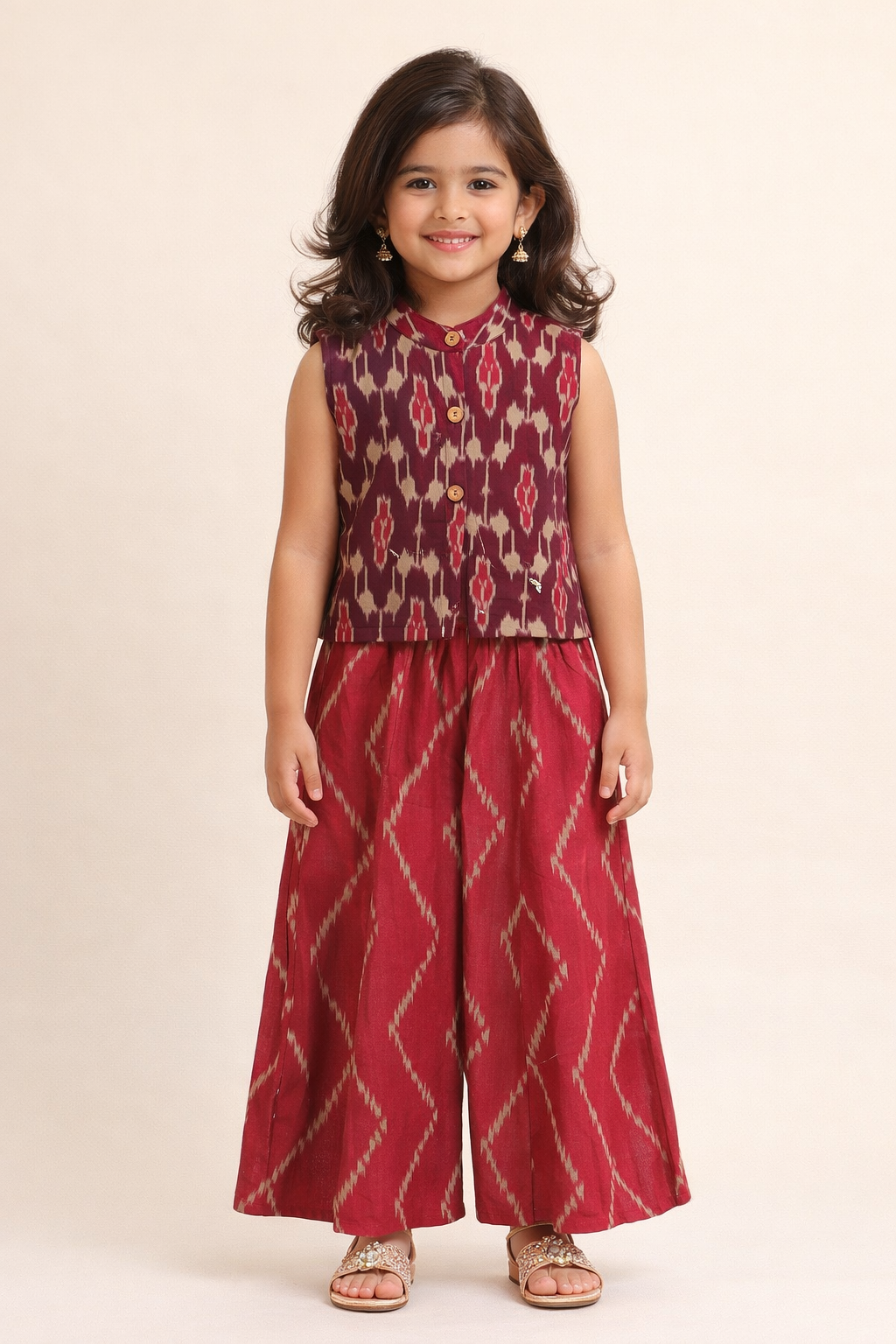 The Magic Wand Cotton Woven Sleeveless Ikat Printed Top And Palazzo Set - Purple