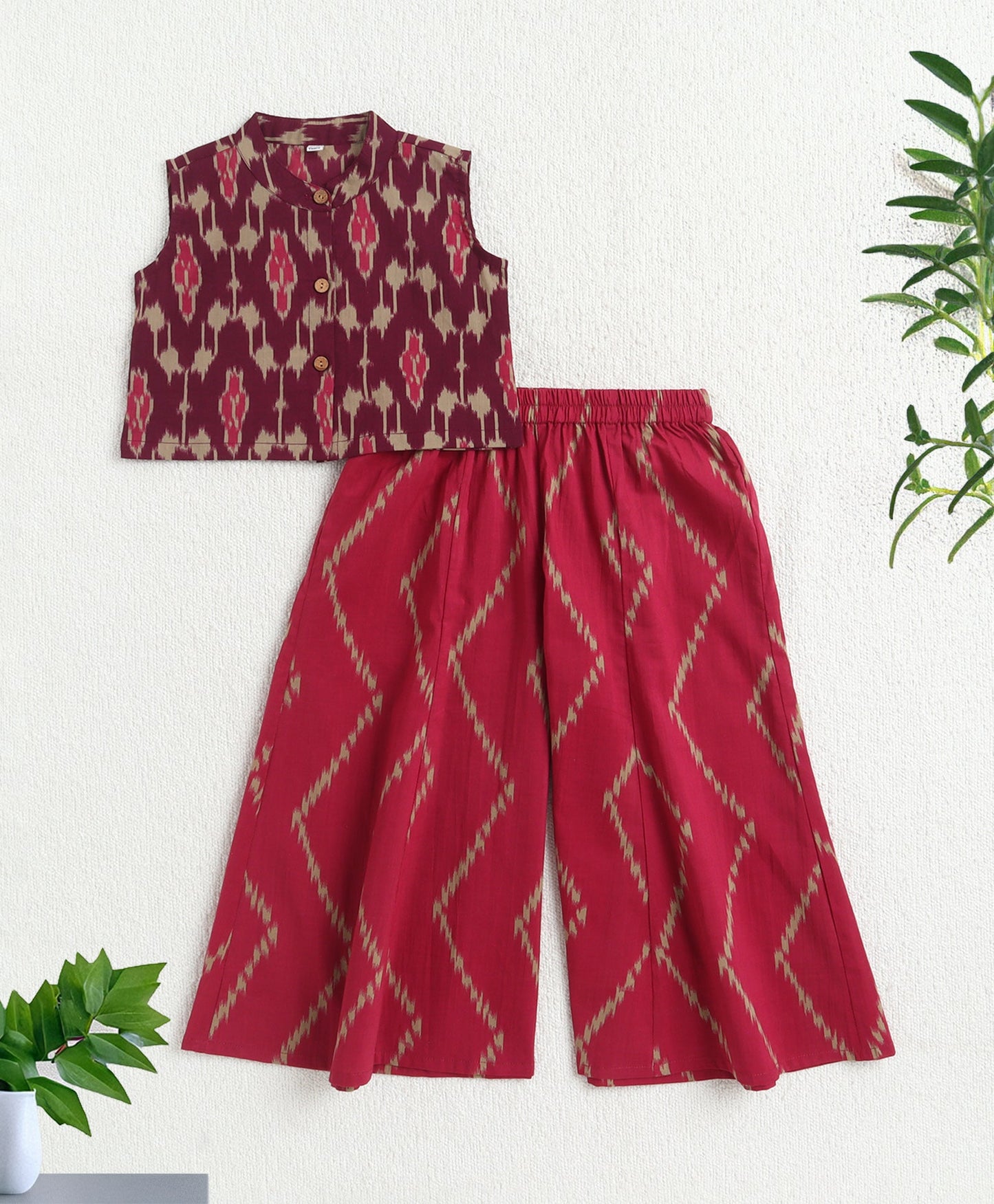 The Magic Wand Cotton Woven Sleeveless Ikat Printed Top And Palazzo Set - Purple