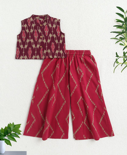 The Magic Wand Cotton Woven Sleeveless Ikat Printed Top And Palazzo Set - Purple