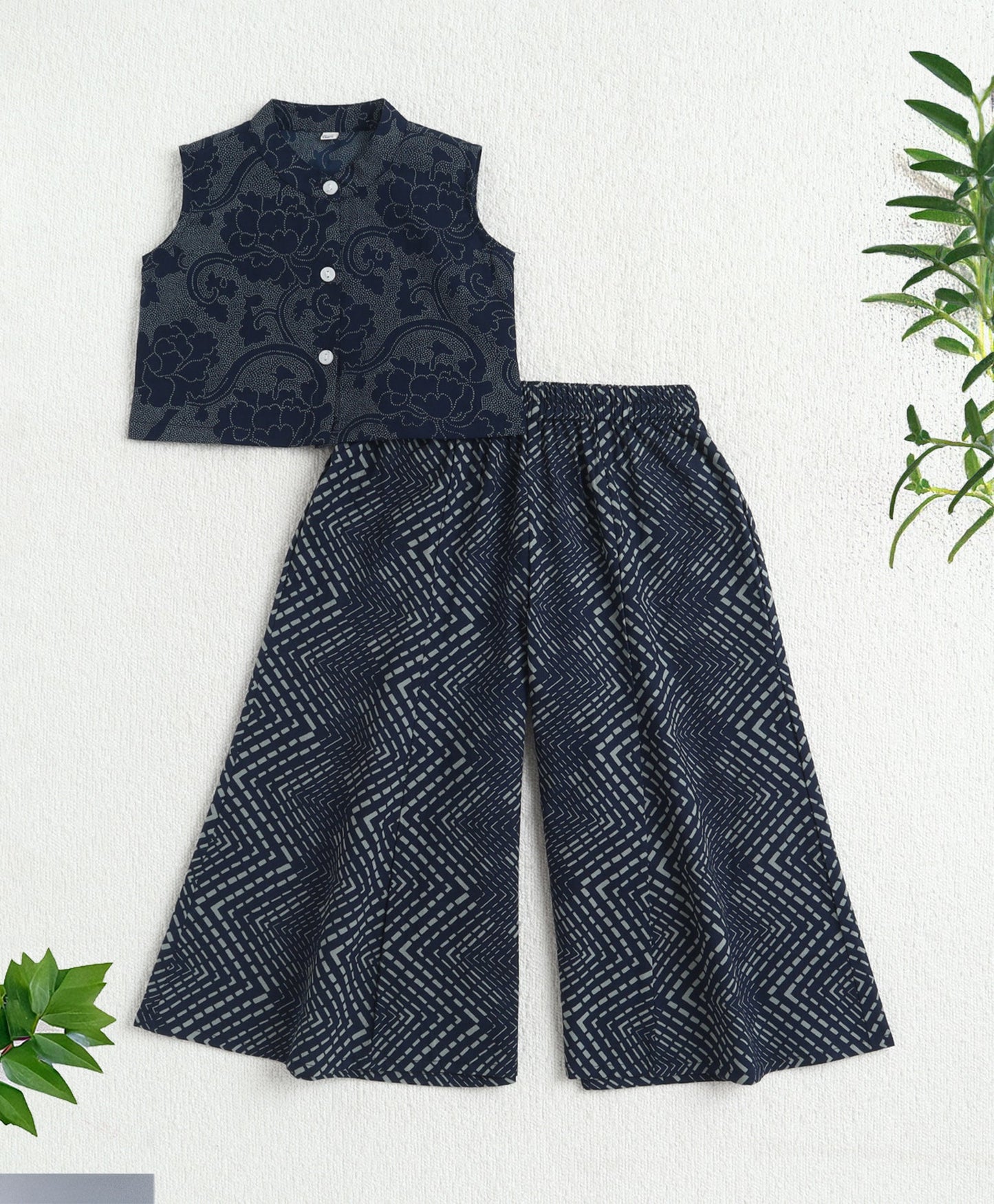 The Magic Wand Cotton Woven Sleeveless Floral Printed Top And Palazzo Set - Navy Blue