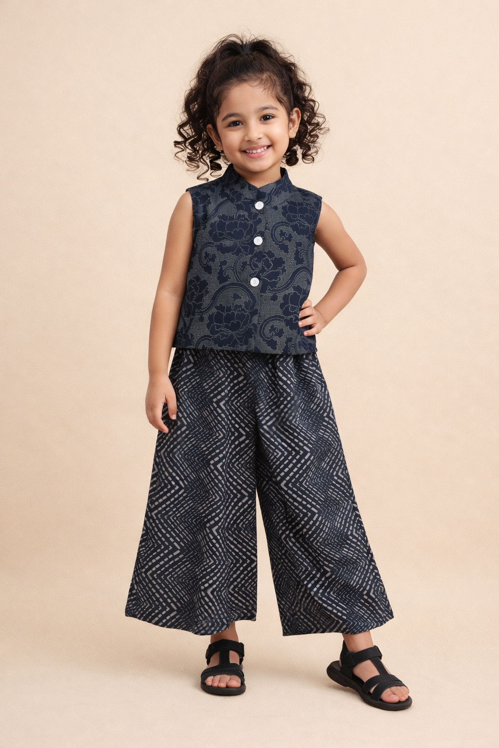 The Magic Wand Cotton Woven Sleeveless Floral Printed Top And Palazzo Set - Navy Blue