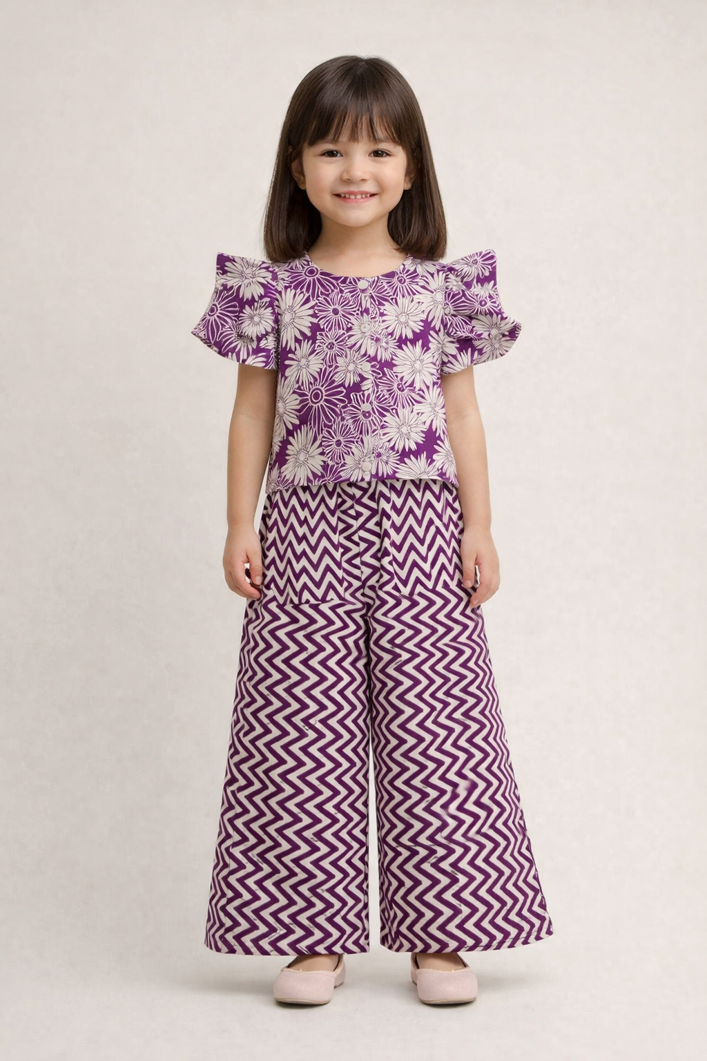 The Magic Wand Cotton Woven Frill Sleeves Printed Top And Palazzo Set - Wine