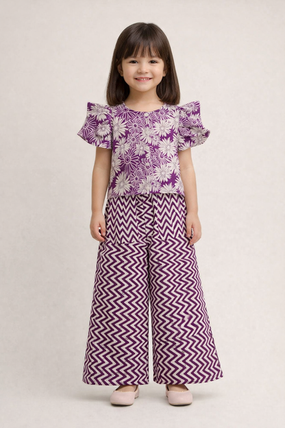 The Magic Wand Cotton Woven Frill Sleeves Printed Top And Palazzo Set - Wine