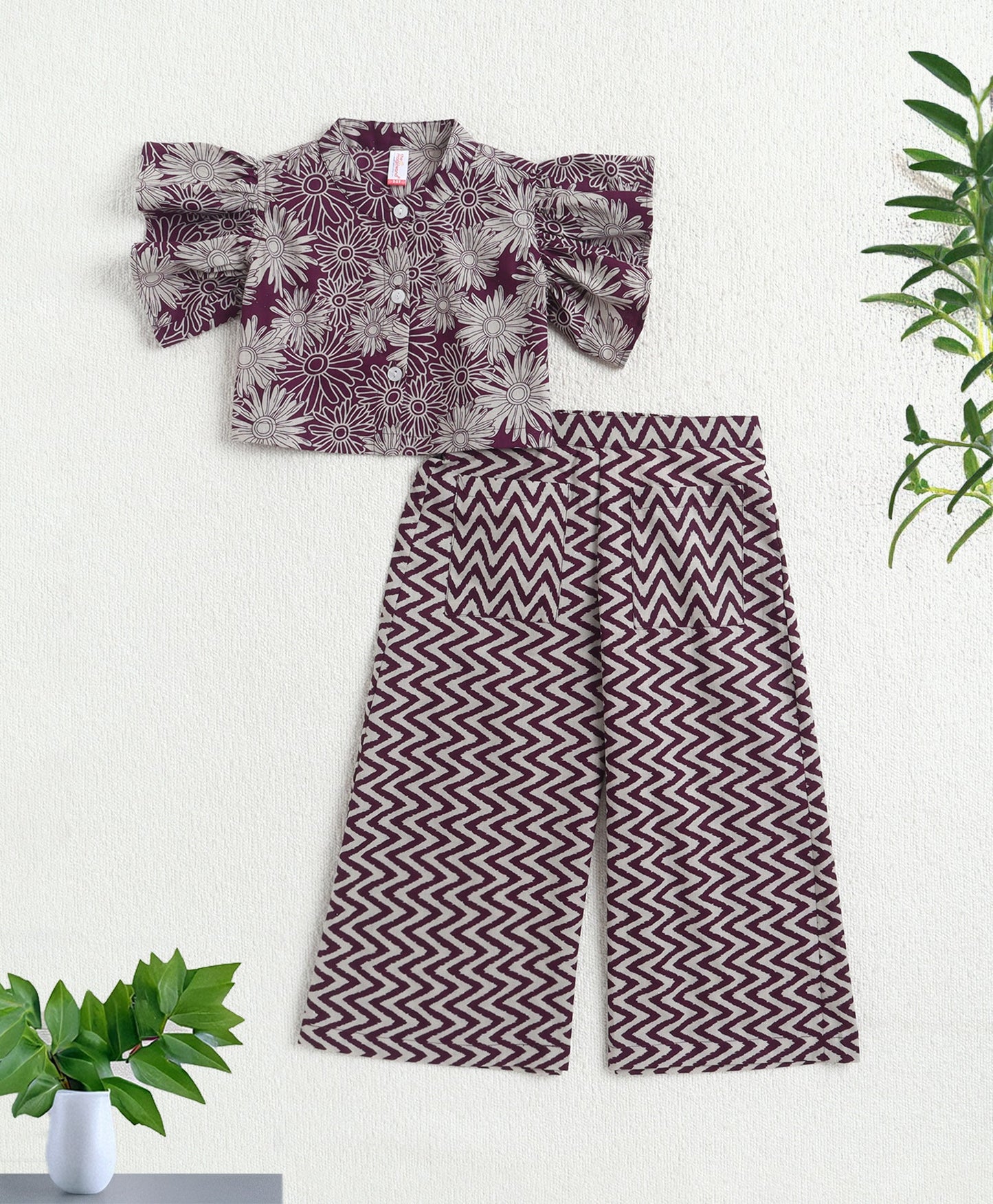 The Magic Wand Cotton Woven Frill Sleeves Printed Top And Palazzo Set - Wine