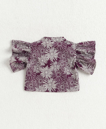 The Magic Wand Cotton Woven Frill Sleeves Printed Top And Palazzo Set - Wine