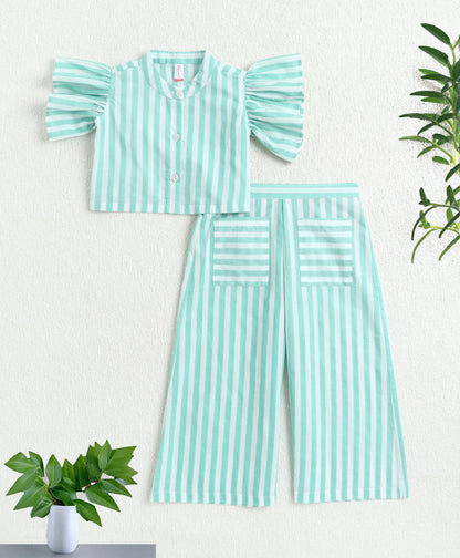 The Magic Wand Cotton Woven Frill Sleeves Stripes Printed Top And Palazzo Set - Green