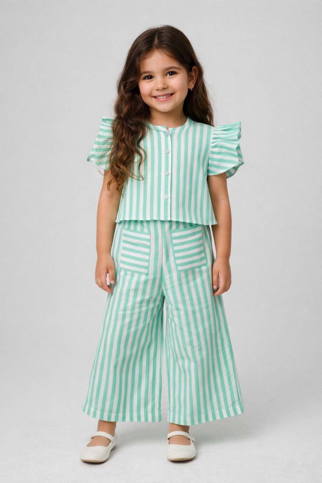 The Magic Wand Cotton Woven Frill Sleeves Stripes Printed Top And Palazzo Set - Green