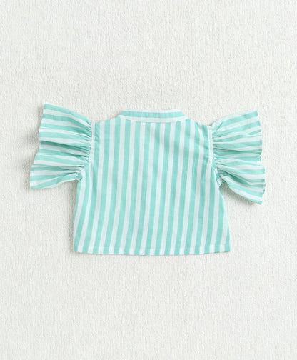 The Magic Wand Cotton Woven Frill Sleeves Stripes Printed Top And Palazzo Set - Green