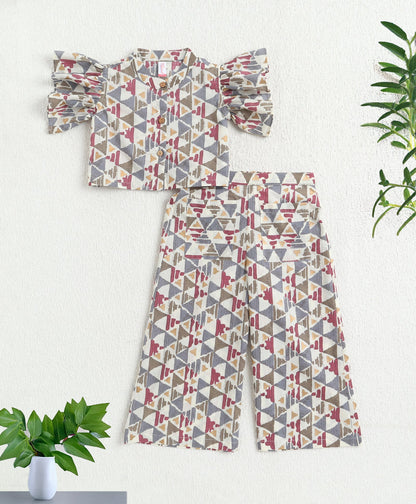 The Magic Wand Cotton Woven Flutter Sleeves Printed Top And Palazzo Set - Multi Color