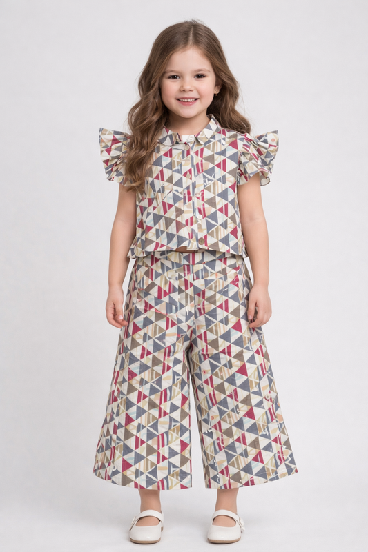The Magic Wand Cotton Woven Flutter Sleeves Printed Top And Palazzo Set - Multi Color