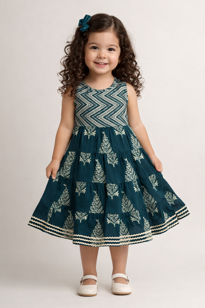 The Magic Wand Cotton Woven Sleeveless Butta Printed Laced Tiered Dress - Dark Green