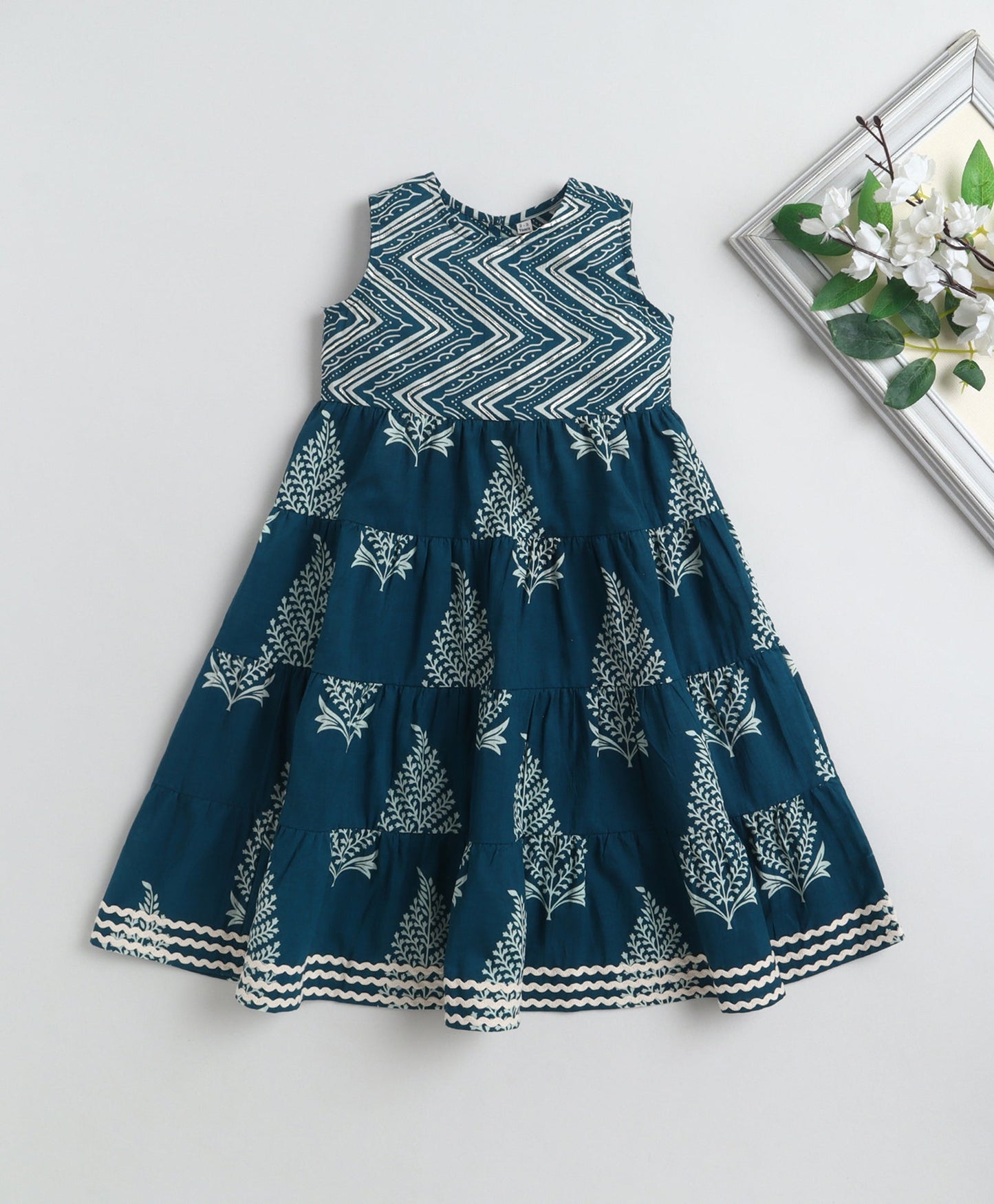 The Magic Wand Cotton Woven Sleeveless Butta Printed Laced Tiered Dress - Dark Green