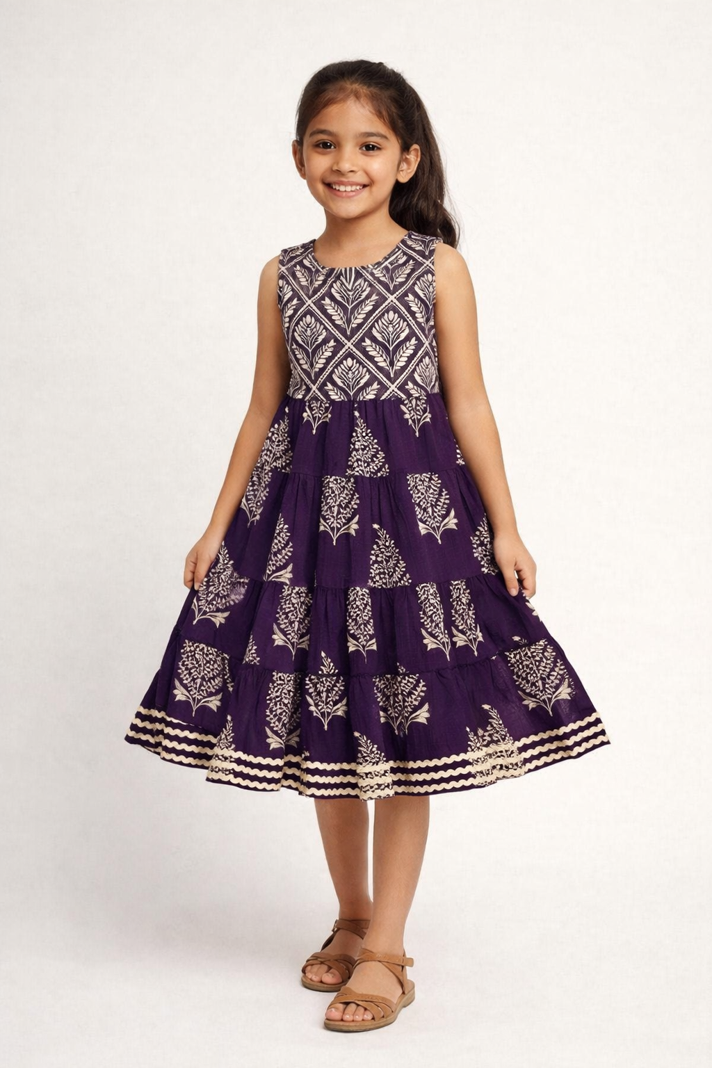 The Magic Wand Cotton Woven Sleeveless Butta Printed Laced Tiered Dress - Purple
