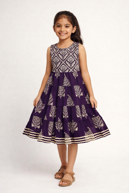 The Magic Wand Cotton Woven Sleeveless Butta Printed Laced Tiered Dress - Purple