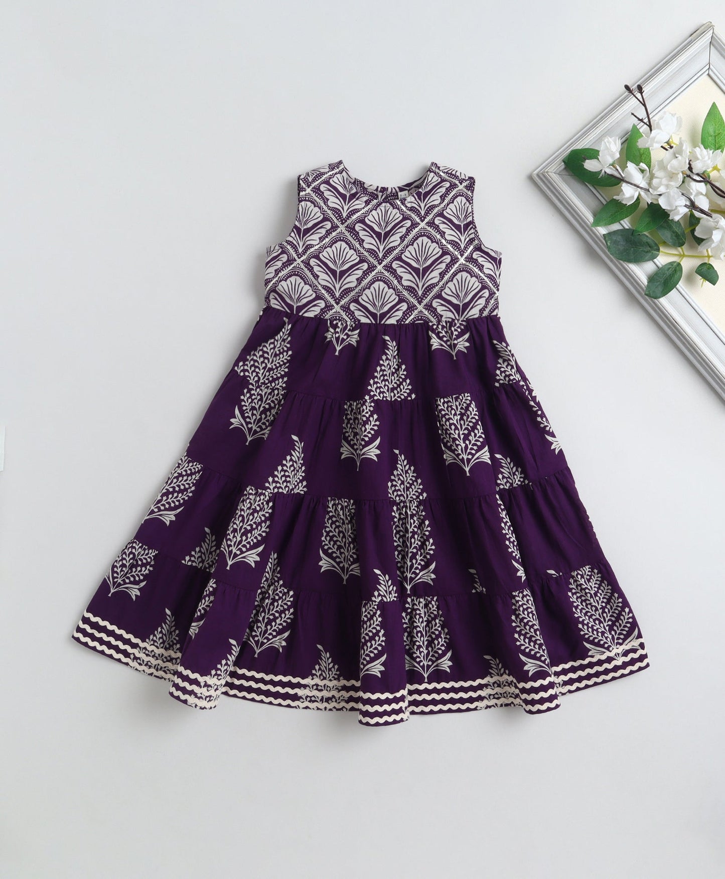 The Magic Wand Cotton Woven Sleeveless Butta Printed Laced Tiered Dress - Purple