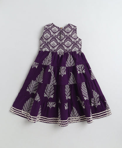 The Magic Wand Cotton Woven Sleeveless Butta Printed Laced Tiered Dress - Purple