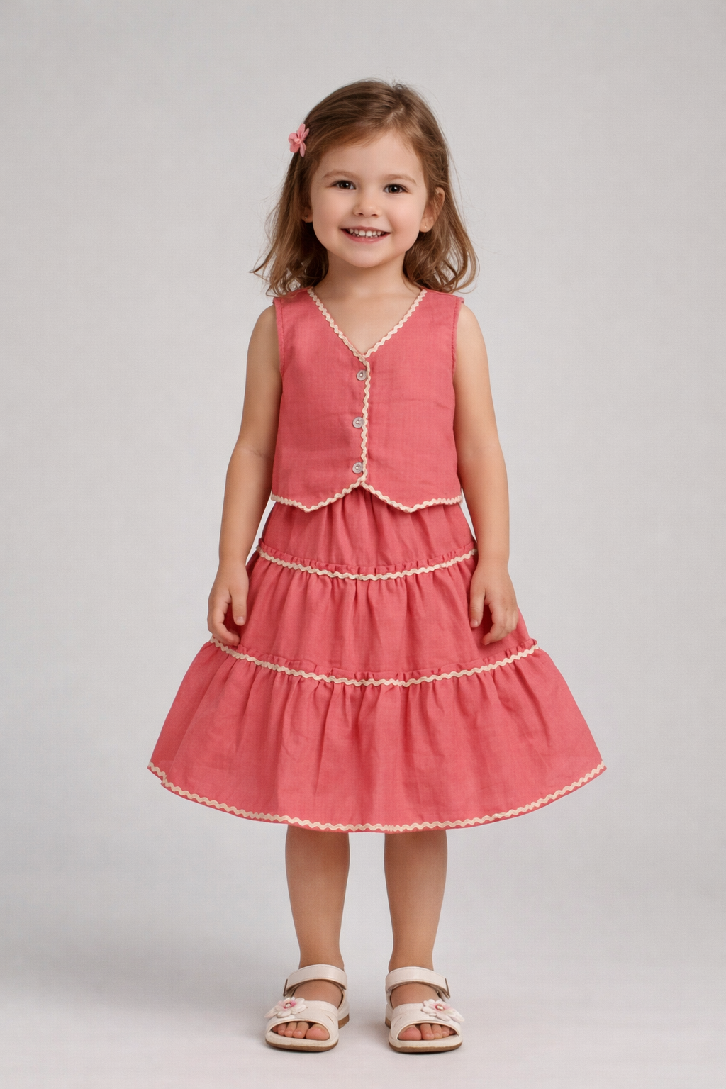 The Magic Wand Woven Sleeveless Ric Rac Waistcoat Top And Tiered Skirt Set - Peach