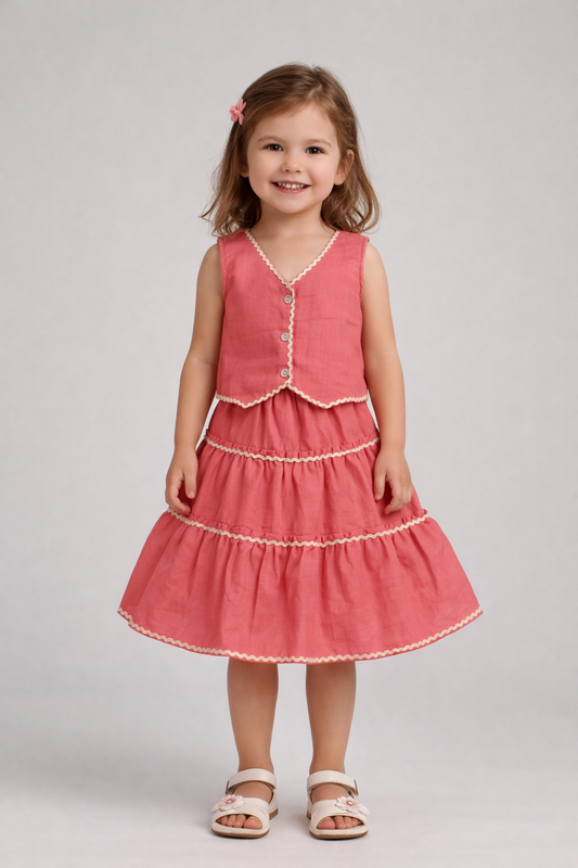 The Magic Wand Woven Sleeveless Ric Rac Waistcoat Top And Tiered Skirt Set - Peach