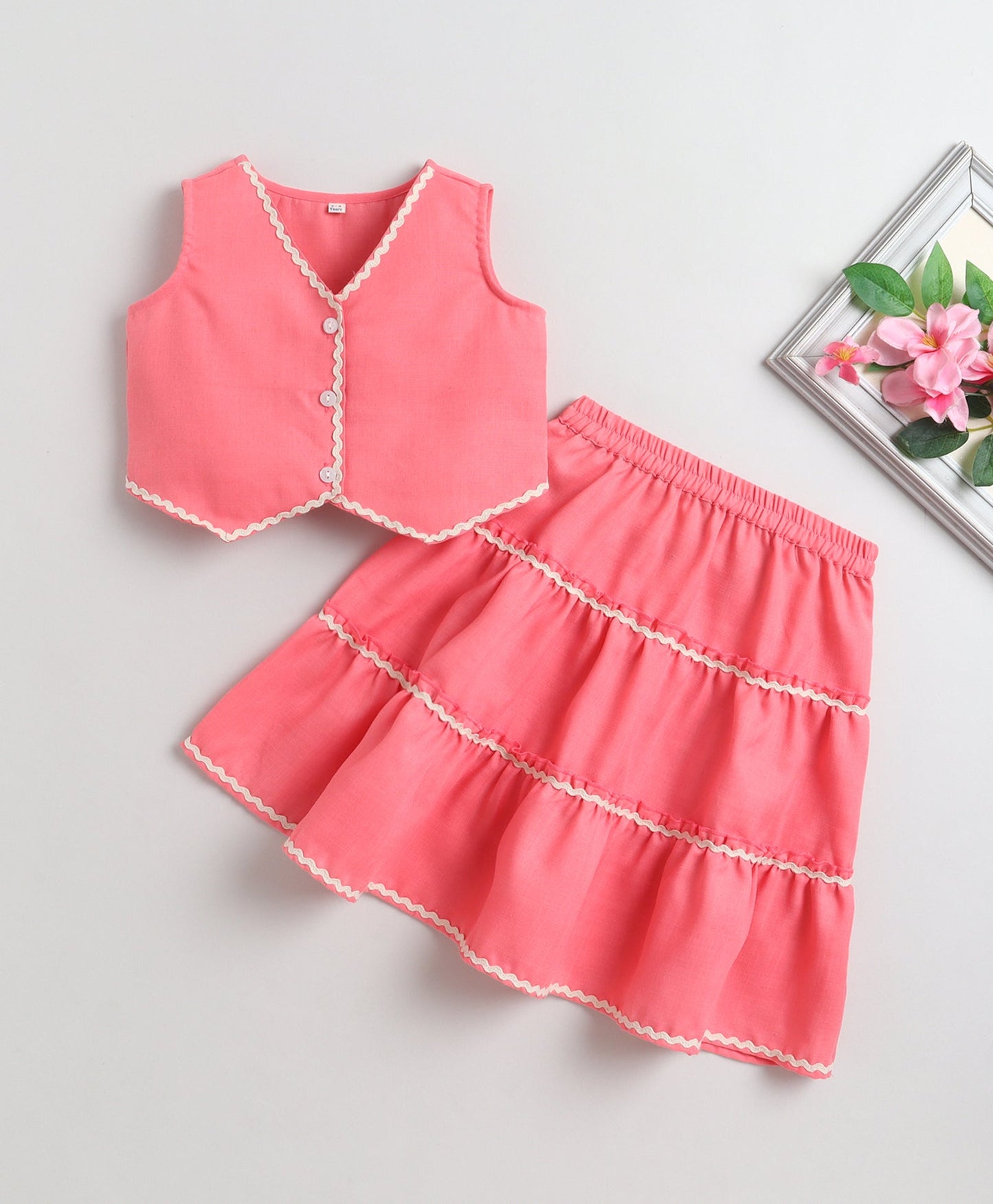 The Magic Wand Woven Sleeveless Ric Rac Waistcoat Top And Tiered Skirt Set - Peach