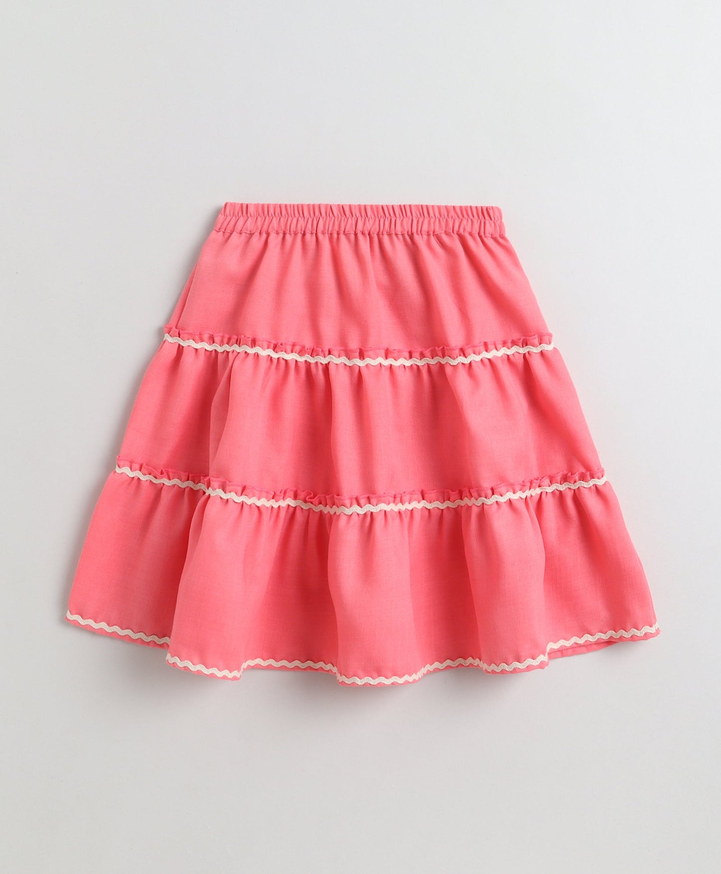 The Magic Wand Woven Sleeveless Ric Rac Waistcoat Top And Tiered Skirt Set - Peach