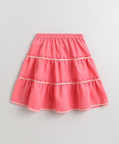 The Magic Wand Woven Sleeveless Ric Rac Waistcoat Top And Tiered Skirt Set - Peach