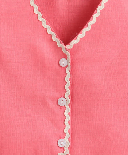 The Magic Wand Woven Sleeveless Ric Rac Waistcoat Top And Tiered Skirt Set - Peach