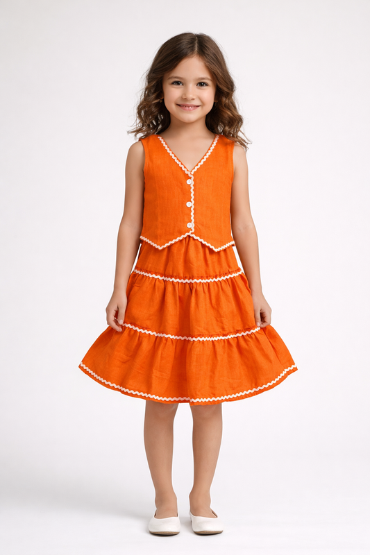 The Magic Wand Woven Sleeveless Ric Rac Waistcoat Top And Tiered Skirt Set - Orange