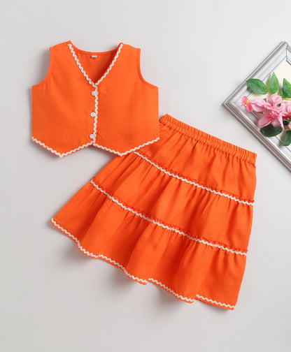 The Magic Wand Woven Sleeveless Ric Rac Waistcoat Top And Tiered Skirt Set - Orange