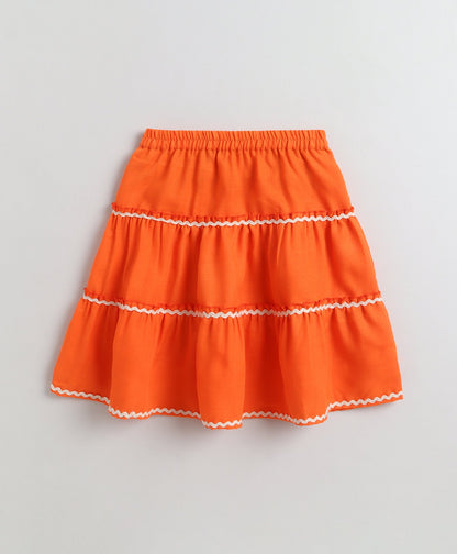The Magic Wand Woven Sleeveless Ric Rac Waistcoat Top And Tiered Skirt Set - Orange